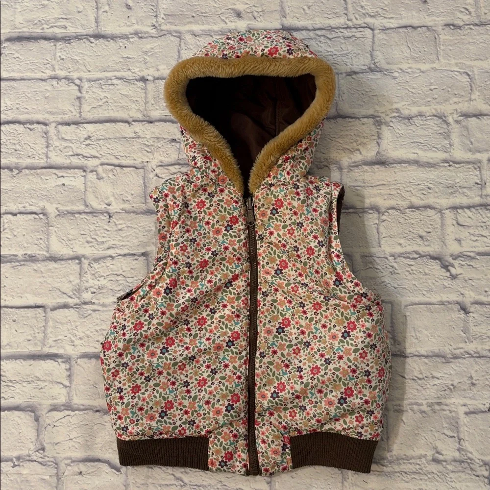 Oshkosh Reversible Convertible Puffer Jacket Vest Brown Pink Floral Girls Size 6